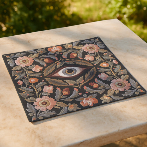 Set of four square black polyester cloth napkins featuring a central embroidered-style eye motif framed by floral and leaf patterns in autumnal tones of rust, ochre, and gold. The design is printed on one side, with a white reverse. Each napkin measures 18x18 inches.